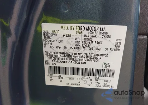 2010 Ford Escape Limited from USA, damaged, VIN 1FMCU0EG3AKD26559